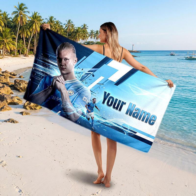Asciugamano da Spiaggia Personalizzato Erling Haaland, Stampa Testo Nome Personalizzato, Asciugamano Morbido ad Asciugatura Rapida con Logo Calcio, Regalo per le Vacanze