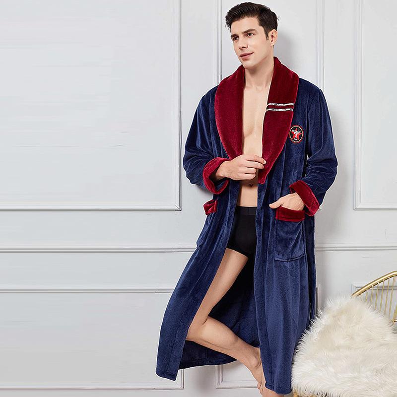Autumn Winter Nightdress Men Casual Coral Fleece Sleepwear Warm Home Wear Flannel Belt Pyjamas Kimono Bathrobe Gown