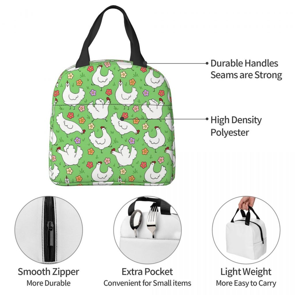 White Chickens And Floral Insulated Lunch Bag for Women Office Cooler Thermal Food Box Tote Portable Lunch Boxes Container