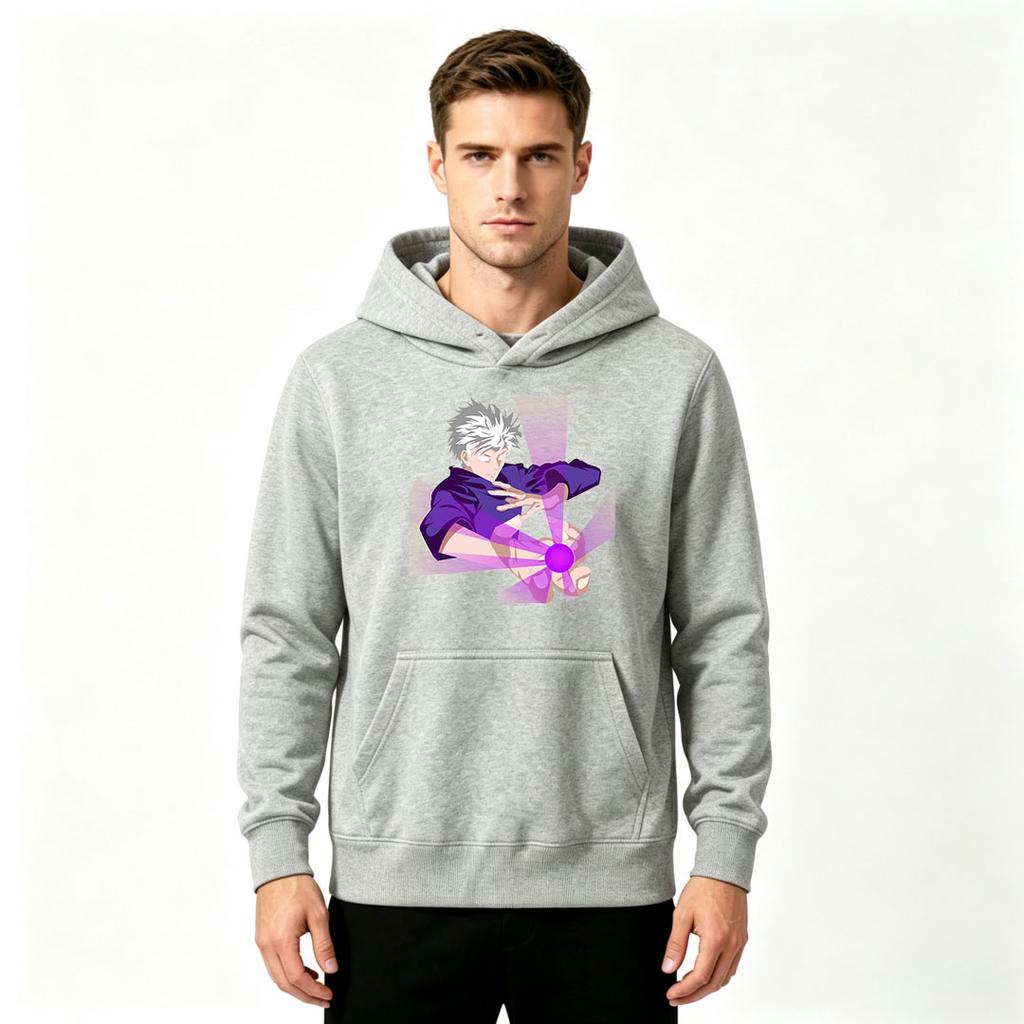 Men Anime Printed Pullover Hoodie, Casual Long Sleeve Streetwear Hooded Sweatshirt with Gojo Character Purple Energy Print