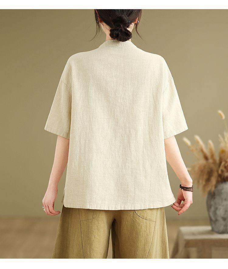 Plus Size Retro Linen Button Pocket T-shirt - Women's Slimming Fashion Short Sleeve Top for Summer 2025.