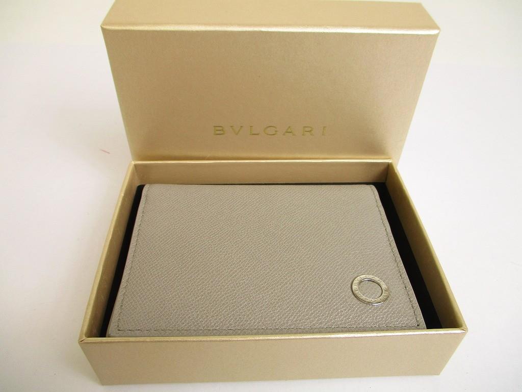 Authentic BVLGARI Light Gray Grain Calf Leather Business Card Case Card Holder #a998   Refurbished