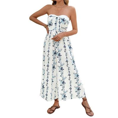 Damen Blumenprint Trägerloser Jumpsuit Urlaubsstil Schleife Vorne Weiter Bein Jumpsuits für Strandurlaub