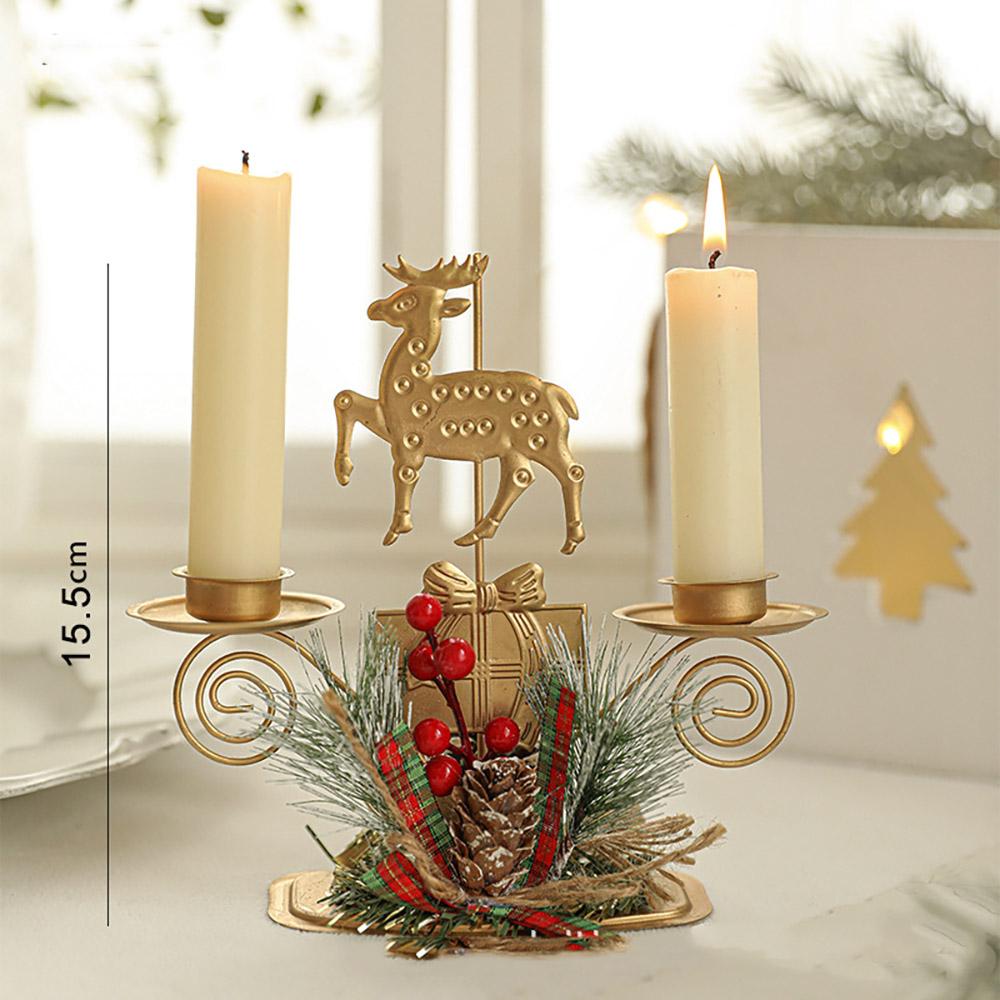 Christmas Candle Holder with Artificial Snowy Pine Needles Iron Candlestick Holiday Table Centerpiece Christmas Home Decorations