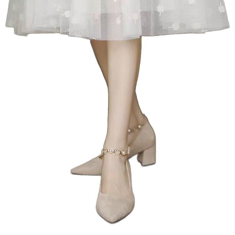 Autumn temperament with skirt high heels design sense celebrity style with pearl single shoes thick heel medium heel