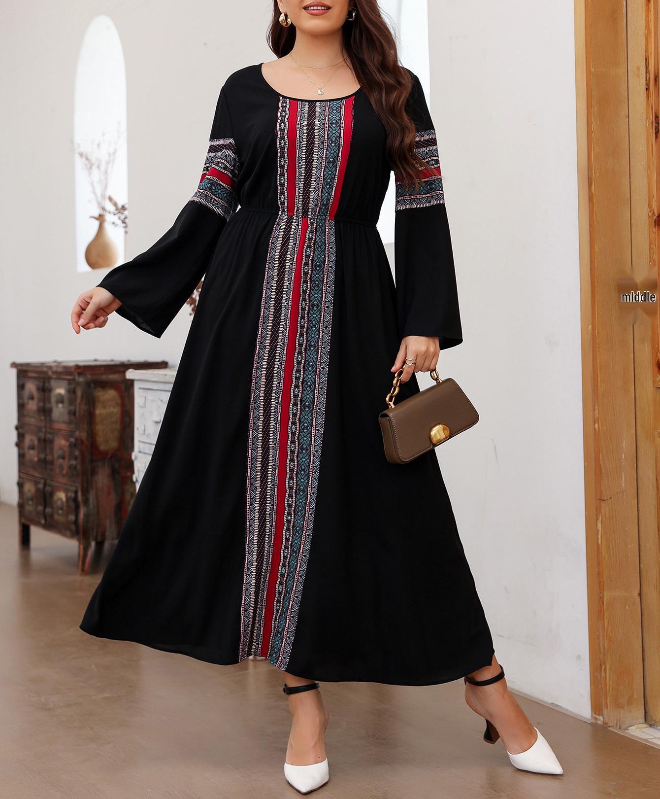 

Retro Ethnic Slim-Fit Patchwork Dress - Spring/Autumn New Style 2XL чорний