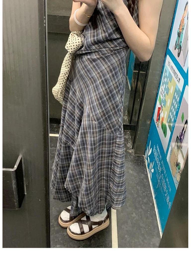 Women's Summer Plaid Vest Dress - American Street Style, Niche Design, Mid-Length Irregular Skirt