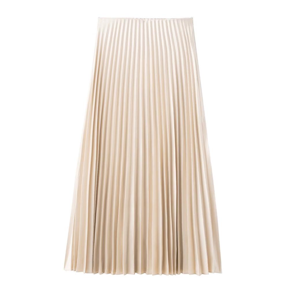 Spring 2025 Women's Slimming High-Waisted Silk Satin Pleated Midi Skirt