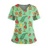 Women's Christmas Print V-Neck Double Pocket Short Sleeve  Uniform Top With Slit Hem