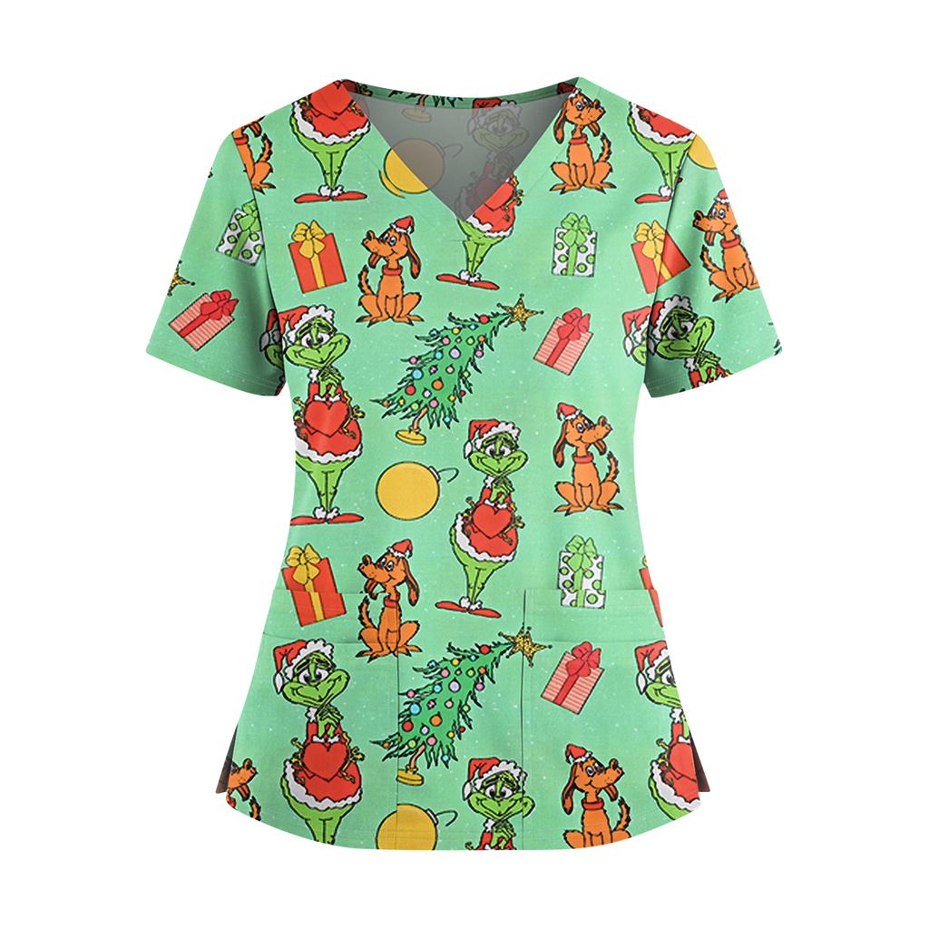 Women's Christmas Print V-Neck Double Pocket Short Sleeve Uniform Top With Slit Hem