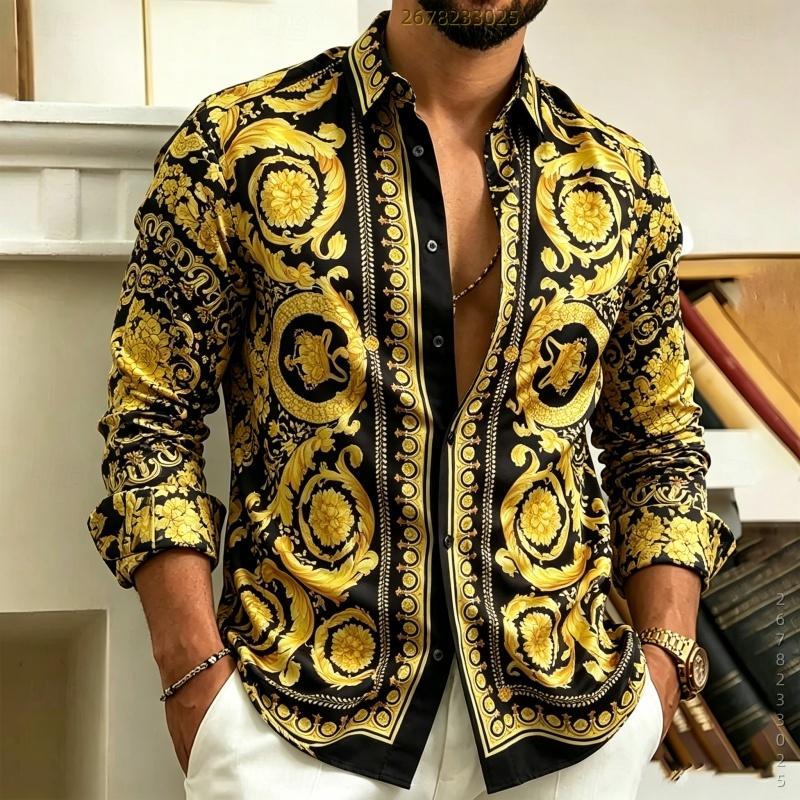 Men's Shirt Baroque Black Gold Printed Long Sleeved Shirt Slim Fit Collar Lining Casual Men's Clothing Comfortable Fabric