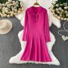Autumn Winter High Waist Polo Knitted Umbrella Dresses  New Long Sleeve Casual Loose Sweater A-line Dresses Female