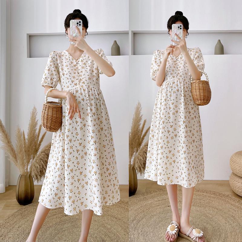 High-End Floral Maternity Midi Dress for Summer: Pregnancy & Breastfeeding Friendly