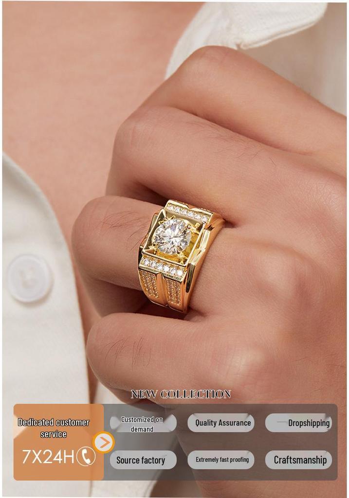 European 2-Carat Moissanite Men's Ring in 925 Silver with White Gold Finish