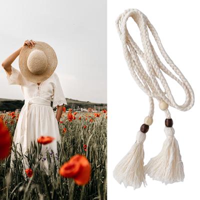Fashionable Cotton Rope Belt with Wood Bead Tassels for Women Dresses Long Shirt and Travel Wear Waist Decoration