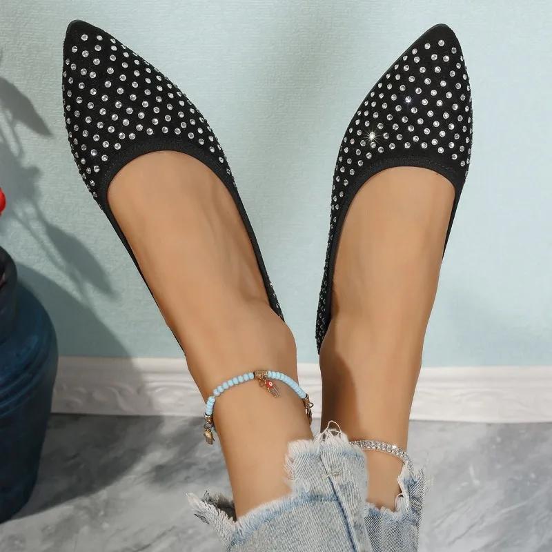 Women's Flat Shoes Autumn New Pointed Head Shallow Mouth Rhinestone Soft Sole Anti-slip Wear-resistant Single Shoes