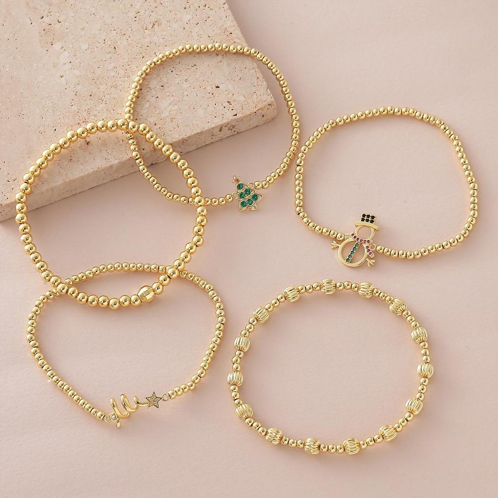 Cross-border Copper Bead Bracelet Set - Christmas Tree, Snowman, Pumpkin Designs - Gold Plated Elastic for Women
