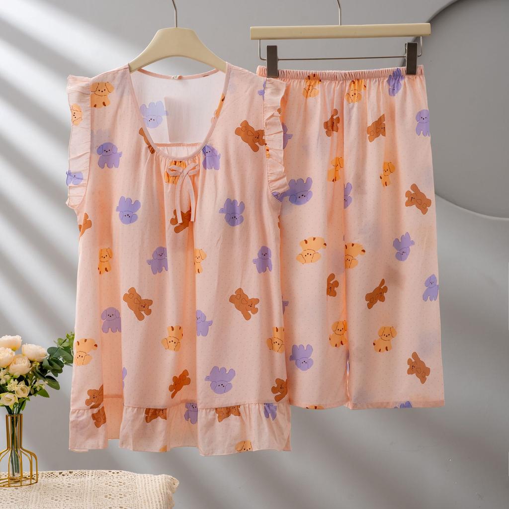 1011 Korean version of the princess style sleeve suit, cute loose lyocell loungewear suit, women's summer thin style with chest pad