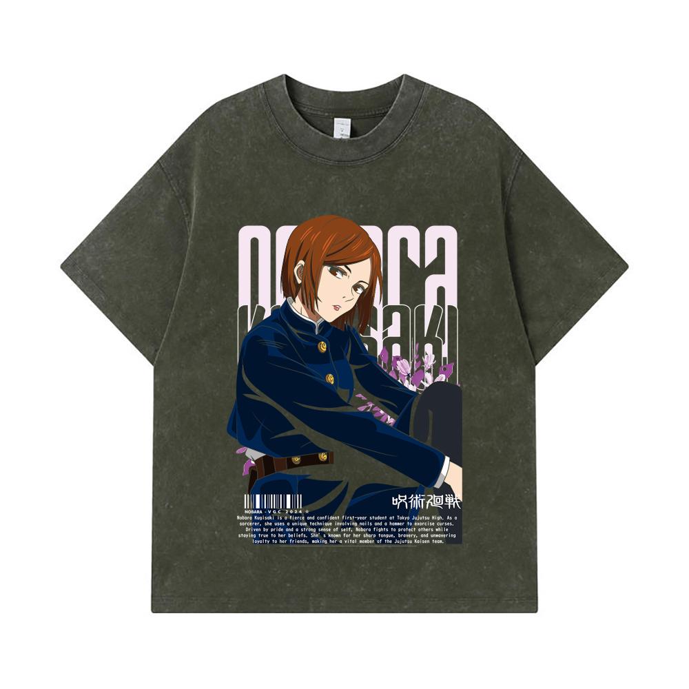 

275 GSM Washed T-shirts 100% Cotton Jujutsu Kaisen V36 Nobara Black Print Unisex Heavy Cotton T Shirt S