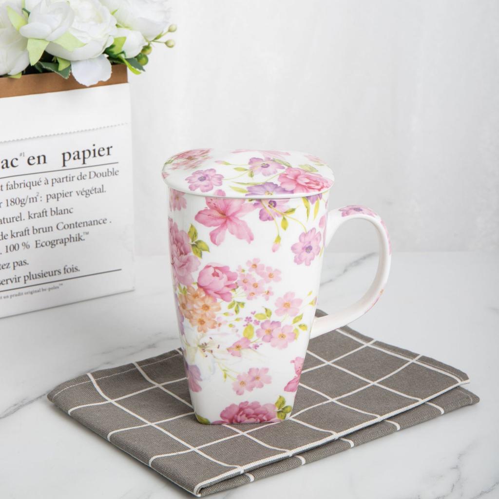 Bone China Floral Mug 610ml Large Capacity Tall Coffee Cup for Home Office Gift