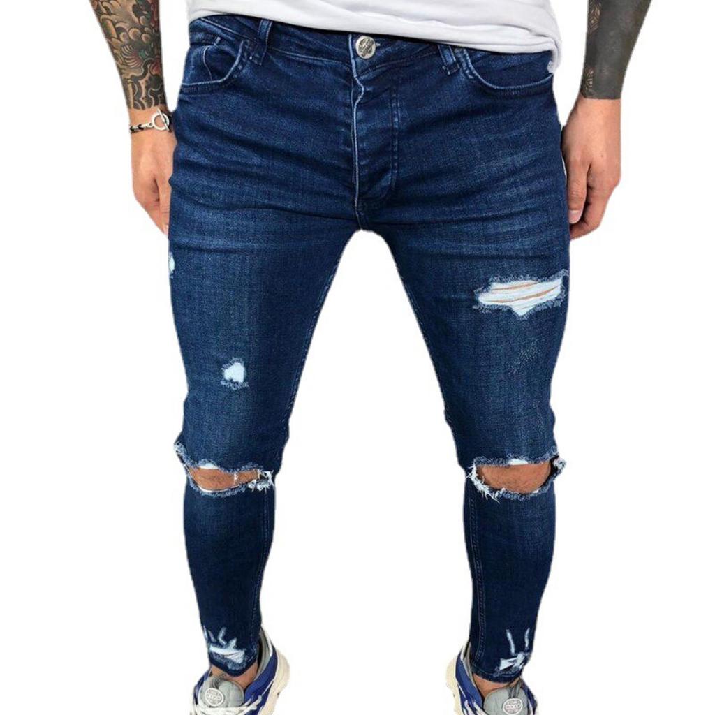 Wysokiej jakości męskie jeansy typu chinos z przetarciami, ze stretchem, nowe