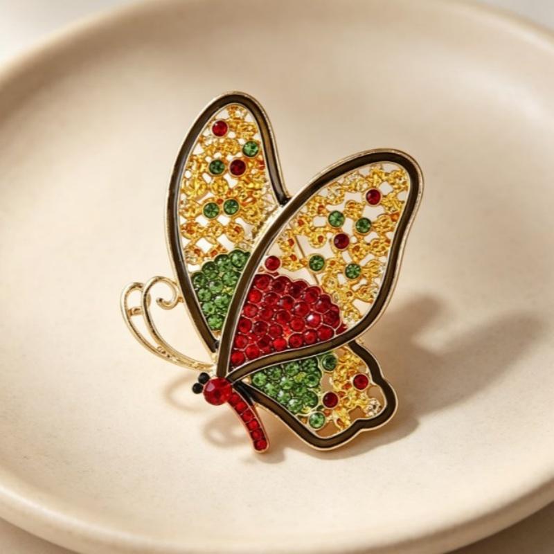 Shiny Rhinestone Butterfly Brooch Gold Plated Frame Red Green Crystals Perfect For Daily Wear Party Outfit