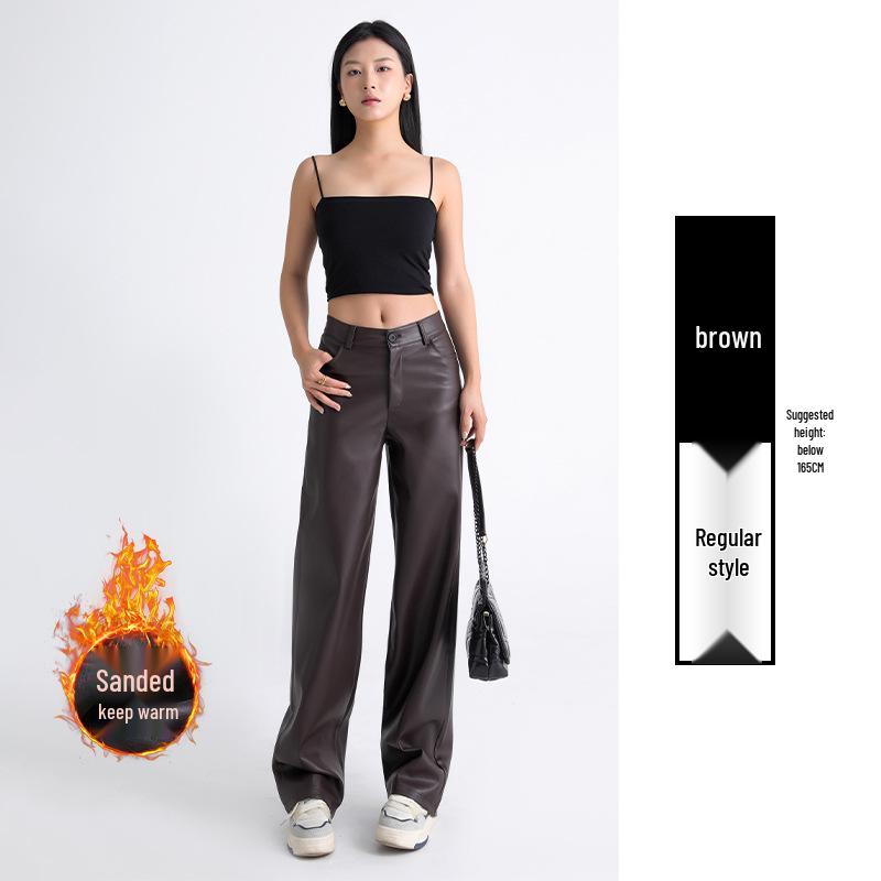 

Женские брюки с высокой посадкой из ПУ кожи с широкими штанинами для осени и зимы L, Recommended 110-120 lbs