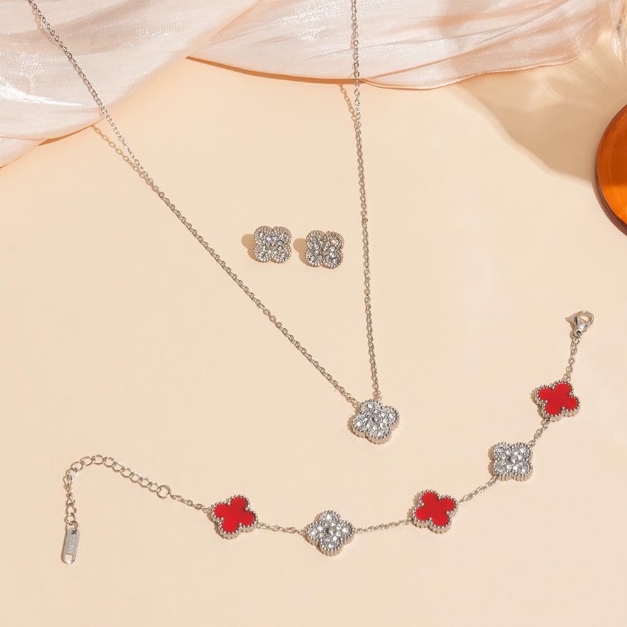 Stal Tytanowa Nieblaknący Czterolistna Koniczyna Kolczyki Naszyjnik i Bransoletka Zestaw Elegancki i Luksusowy Łańcuszek na Obojczyk