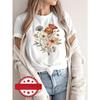 European Size Women's Short Sleeve T-Shirt with Artistic Floral Graphic Print, Round Neck Casual Summer Top