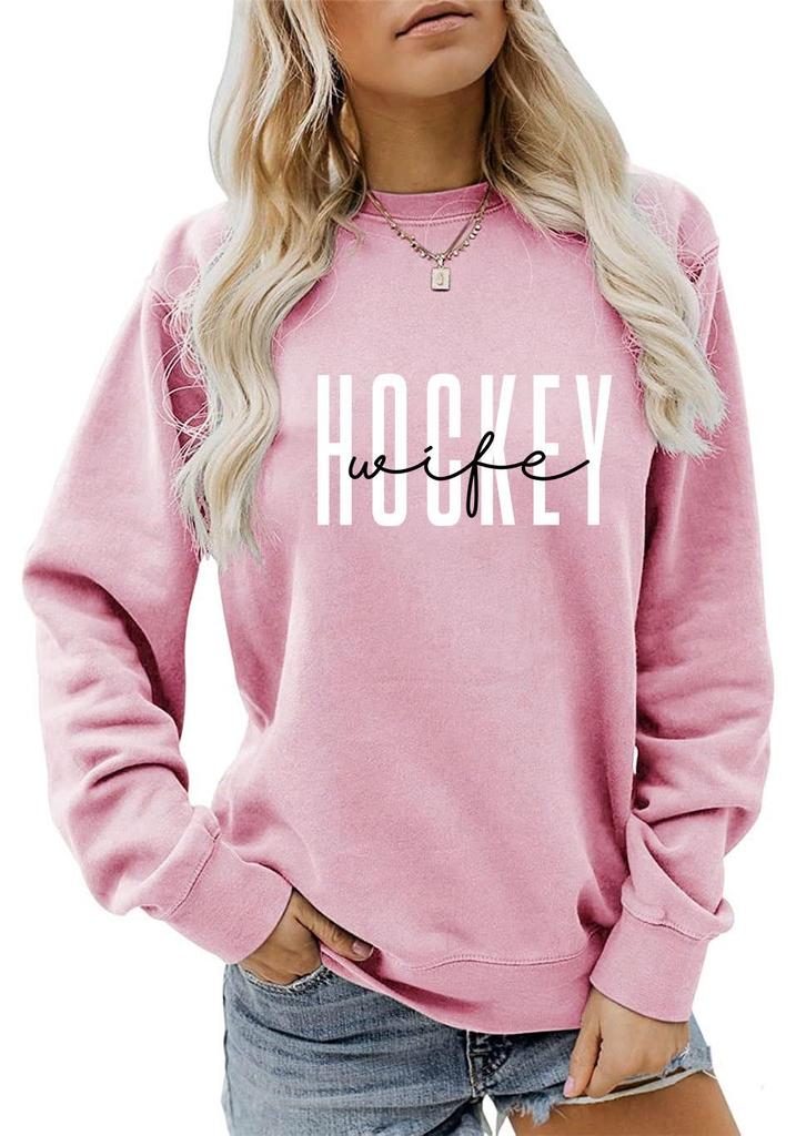 European & American Fashion Long Sleeve Loose Hoodie with 'Hockey Wife' Print for Women