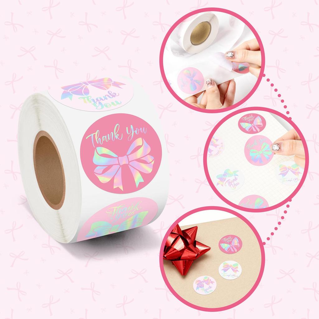 100-500pcs Holographic Pink Bow Tie Stickers Thank You Birthday Wedding Party Gift Wrapping Label Scrapbook Stationery Stickers