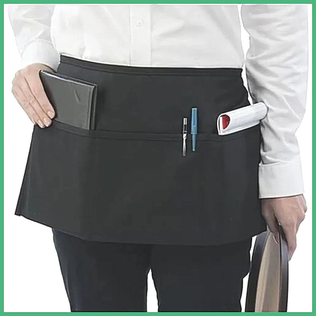 Fashion Chef Short Small Waist Apron, 1 Pockets Black Waterproof Half Apron for Waitress, Home Kitchen Practical Cooking Wear