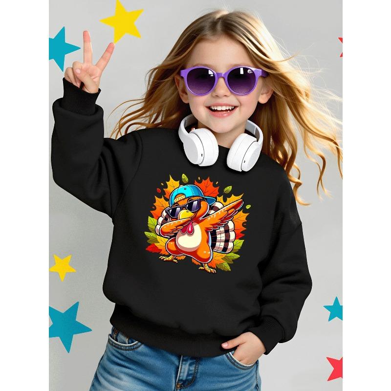 Cool Turkey Dabbing Autumn Leaves Girls' Crew Neck Fashion Sweatshirt, Autumn and Winter Western Style Top, Children's Long Sleeved T-shirt