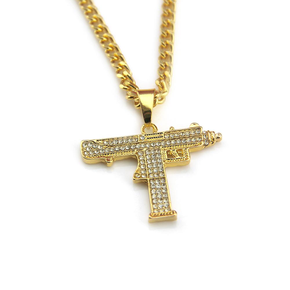 European Hip Hop Fashionable Golden Uz Gun Pendant Necklace Men's Alloy Rhinestone Shiny Asian Machine Gun Necklace