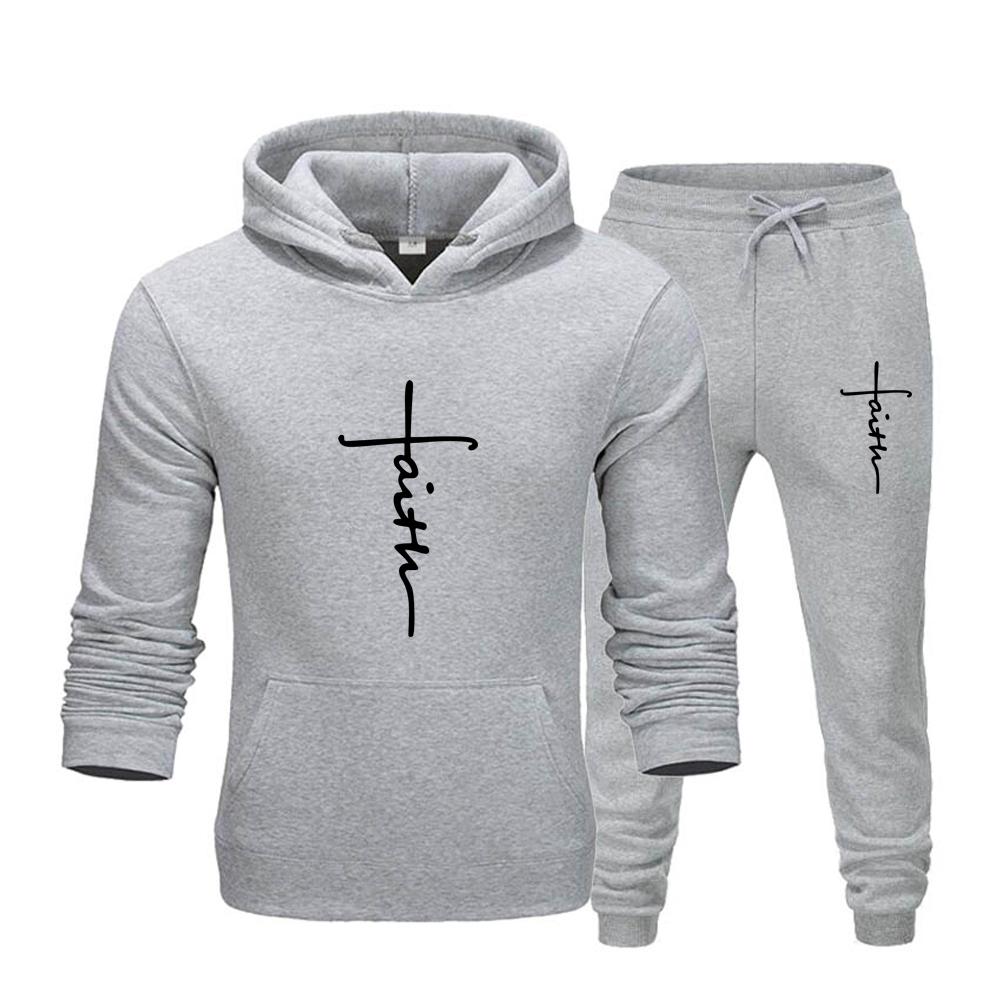"Faith" Men's Casual Sports Hooded Sweatshirt +Drawstring Pants 2 Pieces Sets  Letter Print Sweatshirt Fleece Hoodie Set Men's