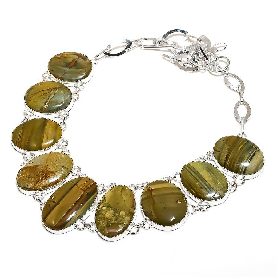Landscape Jasper Gemstone Handmade 925 Sterling Silver Jewelry Necklace 18" SU-9853