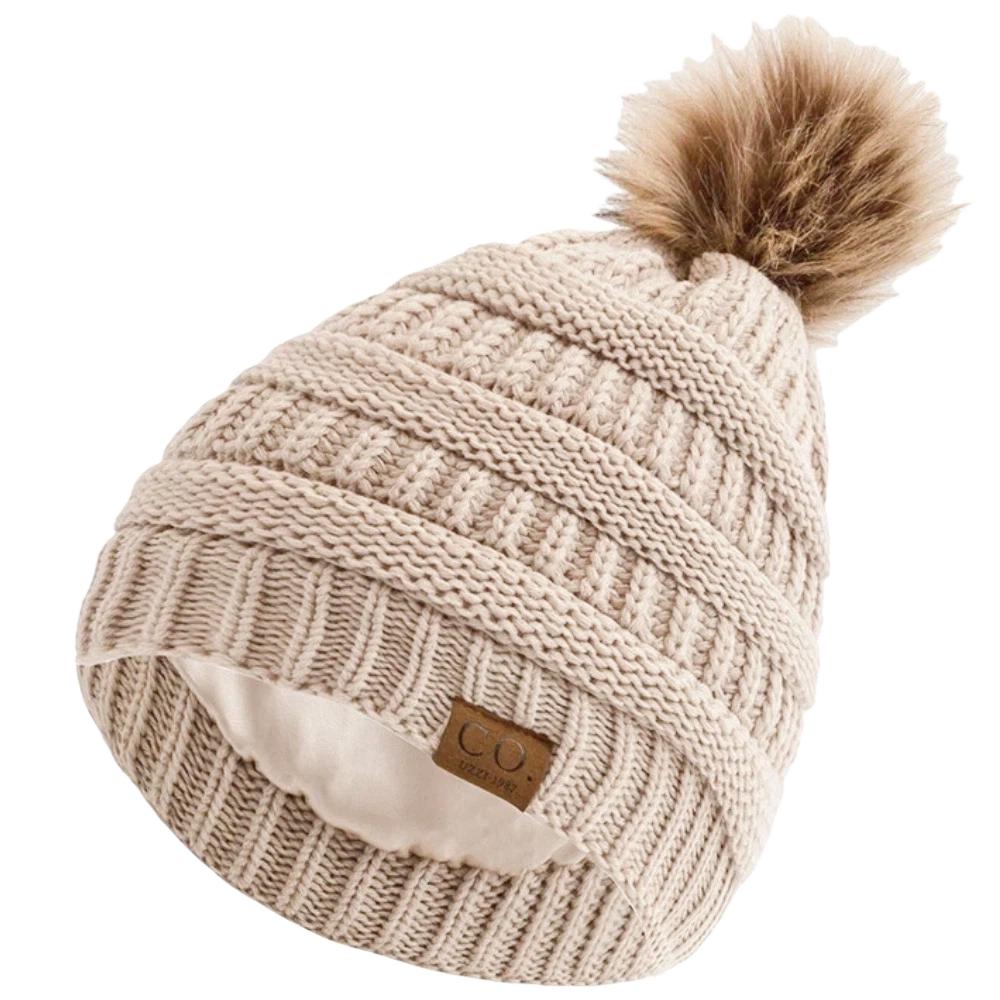 New Anti-Static Beanie Hat Satin Lined Faux Fur Pom Pom Beanies Hat For Woman Winter Warm Knit Hats