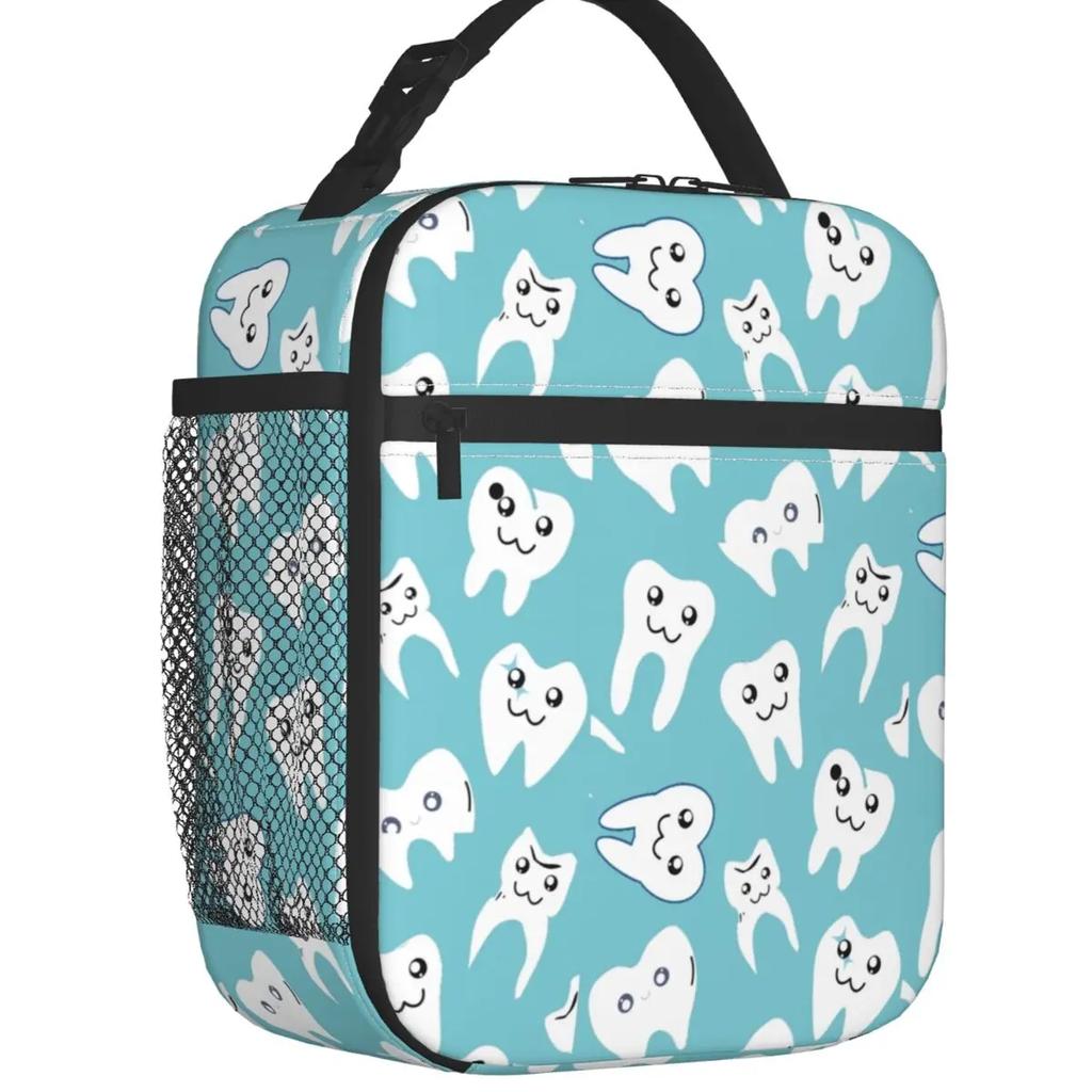 Kawaii Teeth  Pattern Insulated Lunch Bag for Women Portable Tooth Thermal Cooler Bento Box Office Picnic Travel