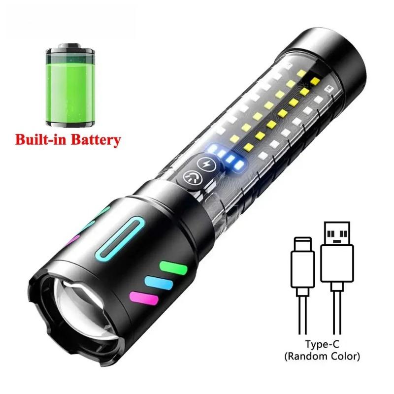 1800mAh Laser Lamp Beads LED Flashlight Type-C Charging Zoom Emergency Tactical Handheld Light Multi Functional Outdoor Hiking Camping