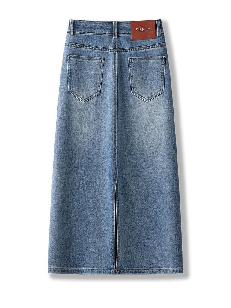 Women's High-Waisted A-Line Denim Midi Skirt with Retro Slit - Spring/Autumn 2026 Collection