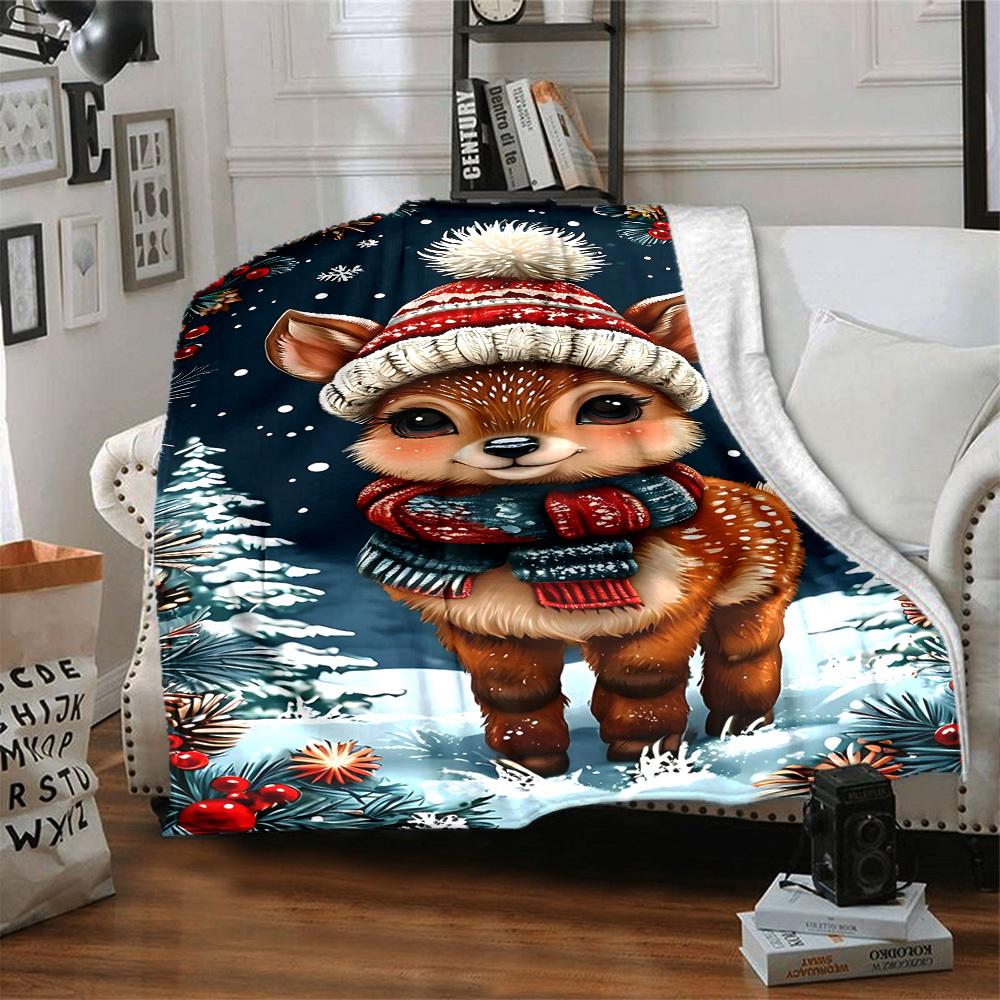 1pc Winter Christmas Deer Blanket, Lightweight Flannel Throw Blanket for Sofa, Bed, Travel, Camping, Living Room, Office, Couch012
