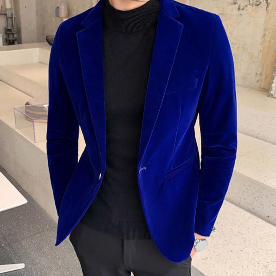 Spring Men Blazer Solid Color Turndown Collar Long Sleeve Slim Fit Single Button Velvet Suit Coat Streetwear