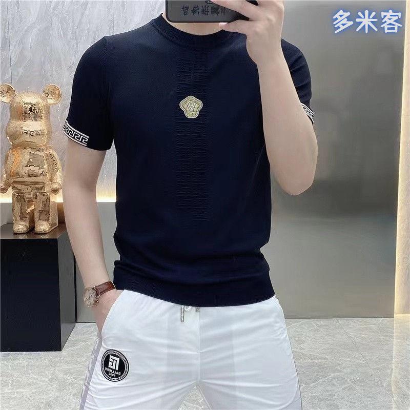 New Summer Men's Ice Silk Short-sleeved T-shirt Casual Trendy Brand Thin Breathable Round Neck Embroidered Knitted T-shirt