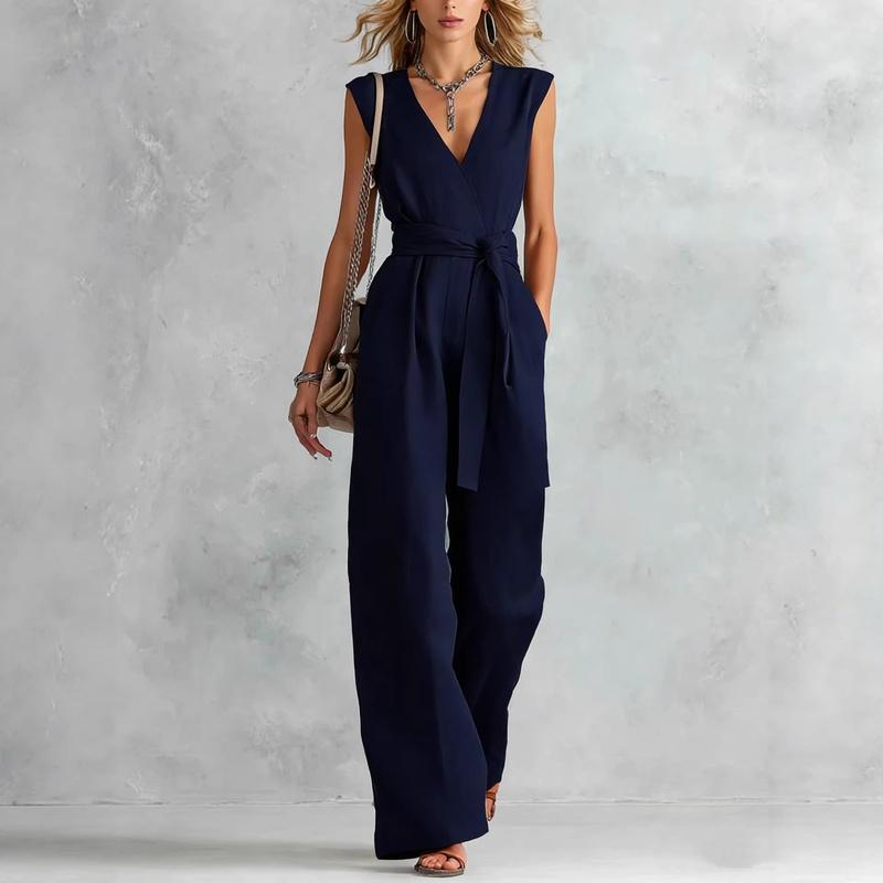 Spring and Summer European Style Women Clothing V-Neck Sleeveless Jumpsuit