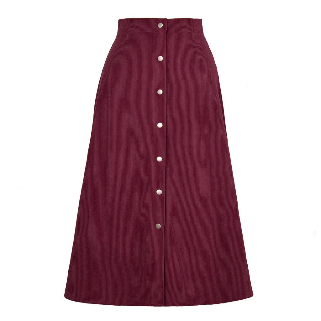 Corduroy High Waist Midi Skirt With Button Closure For Office And Fall Season