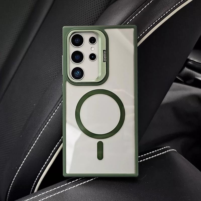 Folding Camera Lens Stand Holder For Magsafe Case For Samsung Galaxy S24 S23 S22 Ultra Plus Clear Hard Acrylic Magnetic Cover