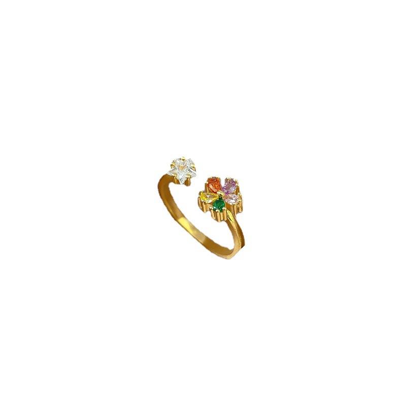 Real Gold Diamond Flower Opening Ring Women'S Japan And Korea Niche Simple Design Index Finger Ring