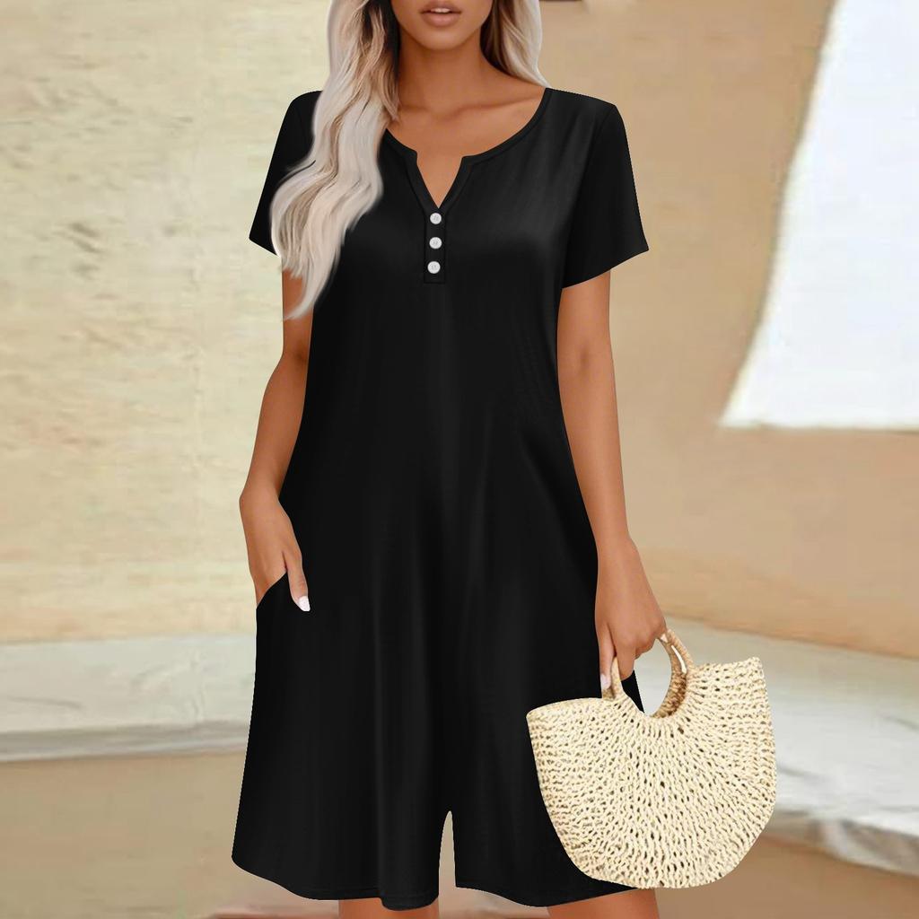 Womens Casual Short Sleeve Jumpsuit Fashion Top Jumpsuit Shorts Rompers With Pockets