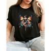 European Size Fairy Graphic Black T-shirt for Women | Light Brown Hair, Large Colorful Butterfly Wings, Dark Elegant Outfit Details, Graceful Pose