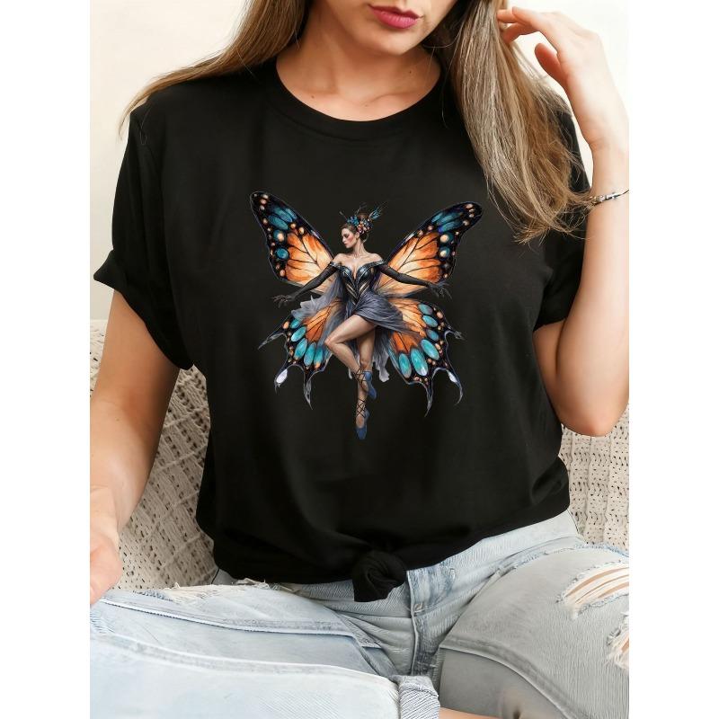 

European Size Fairy Graphic Black T-shirt for Women | Light Brown Hair, Large Colorful Butterfly Wings, Dark Elegant Outfit Details, Graceful Pose 4XL чорний